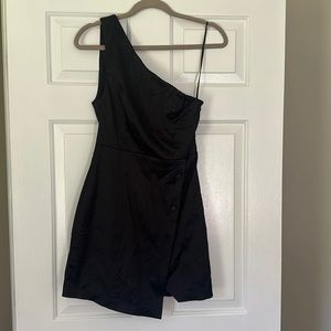 One shoulder black satin dress